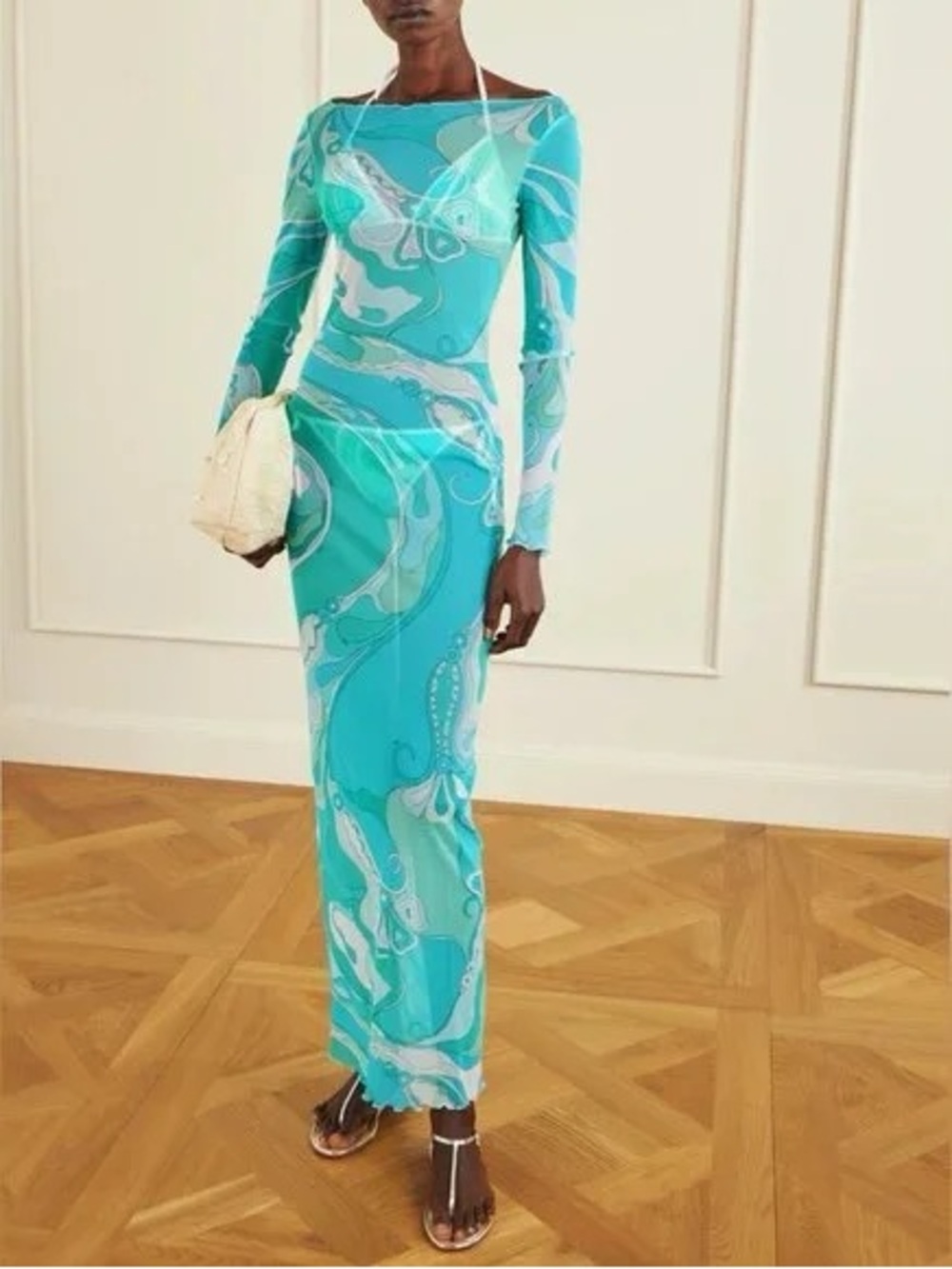 Emilio Pucci Turquoise and Aqua Printed Long-Sleeve Maxi Dress
